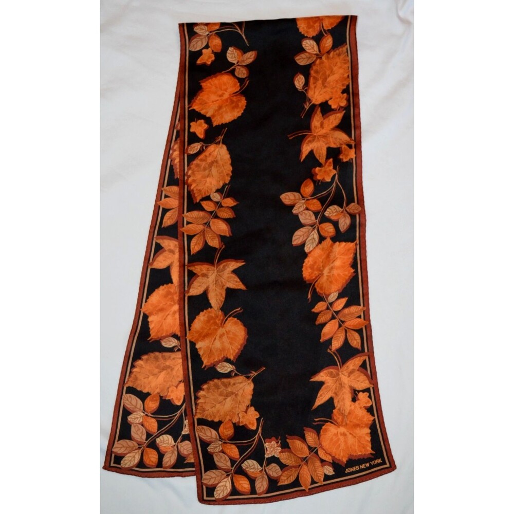 Jones New York Silk Scarf Long Rectangle Fall Autumn Leaves Black Background